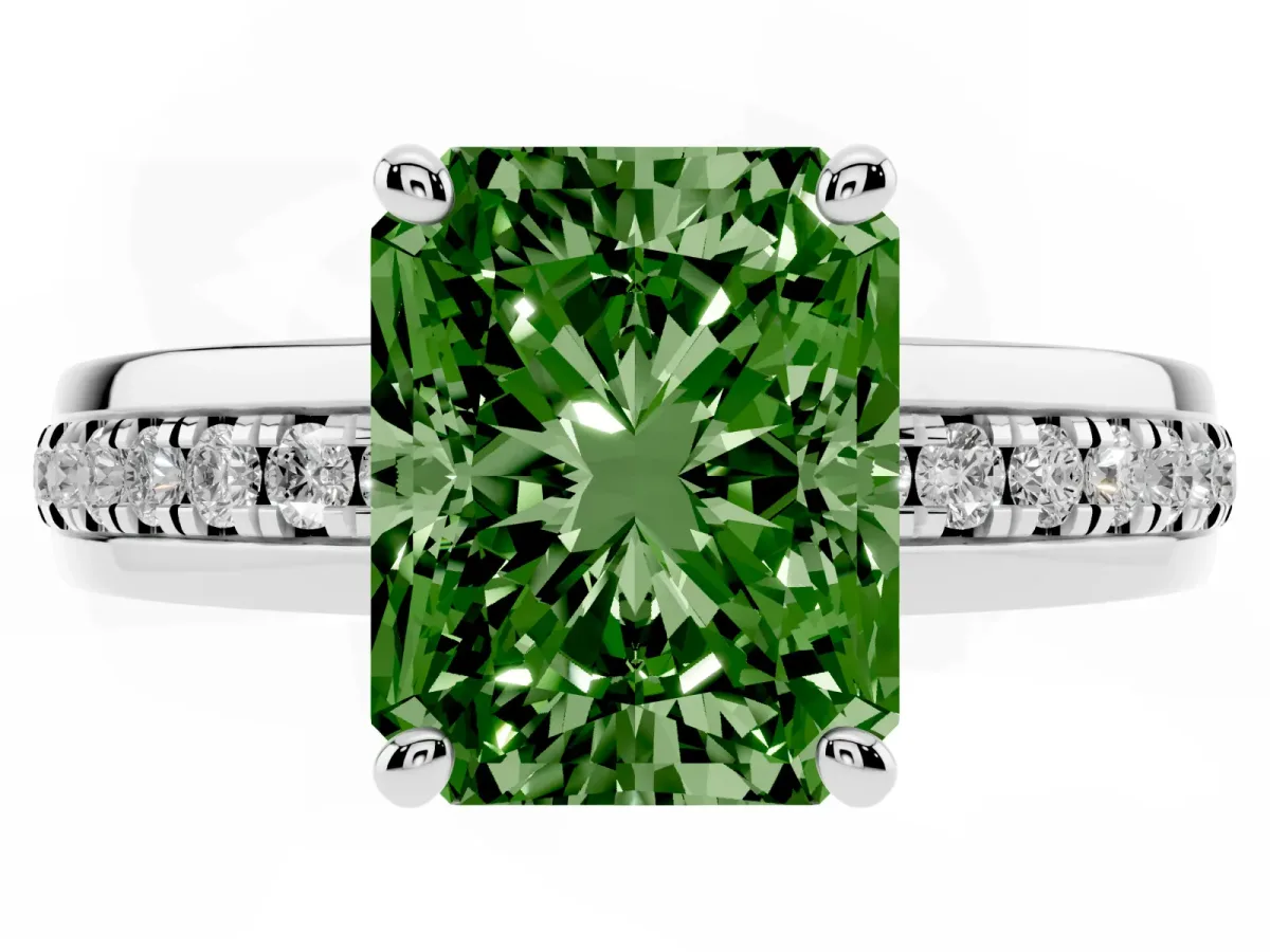 Fancy Green Radiant Cut Solitaire Diamond Ring with Channel Set Band and Six-Prong Setting Silver
