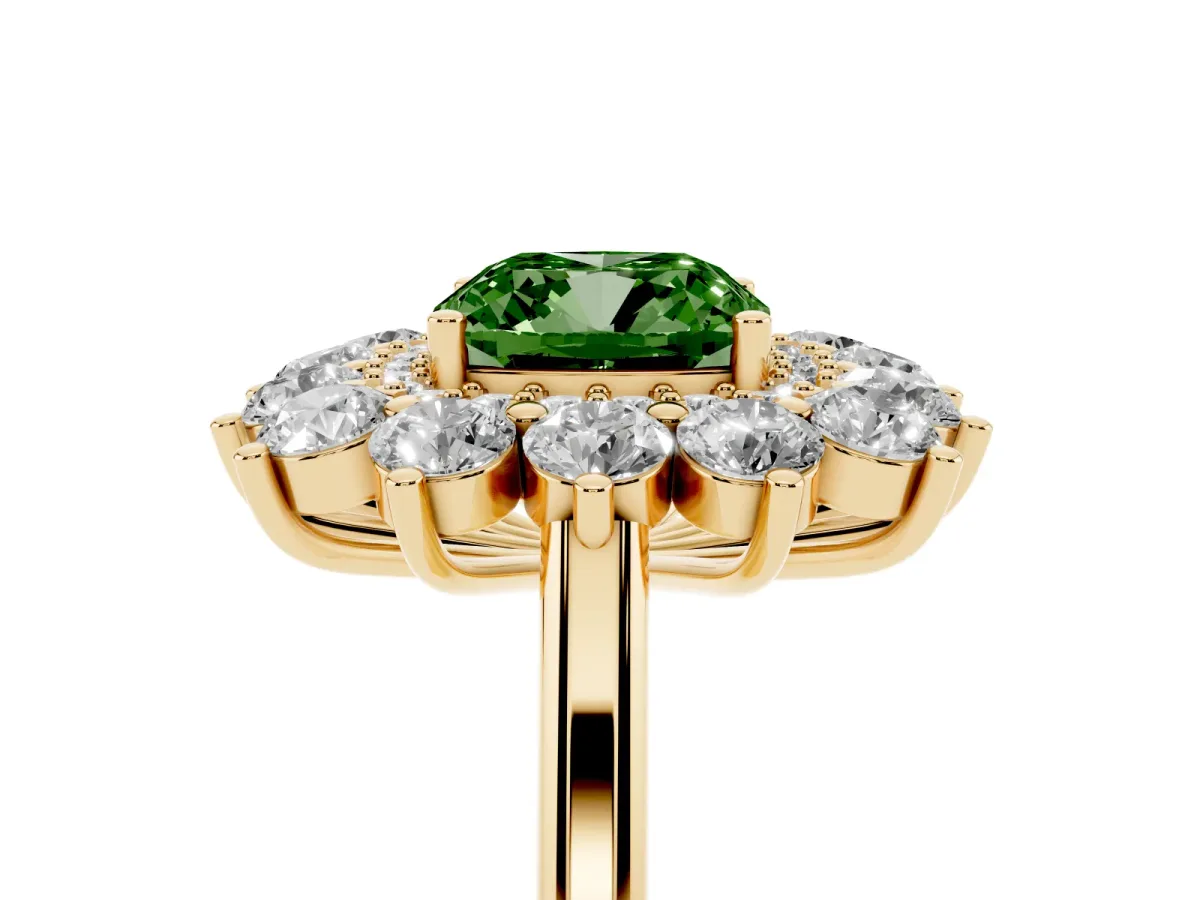 Fancy Green Cushion Cut Diamond Floral Double Halo Engagement Ring with Prong Setting Yellow gold