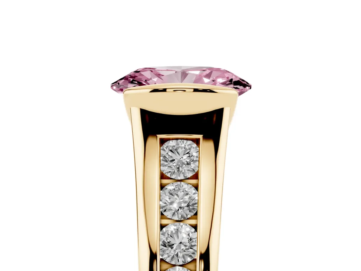 Fancy Pink Oval Cut Solitaire Bezel-Set Diamond Ring with Channel-Set Band Yellow gold