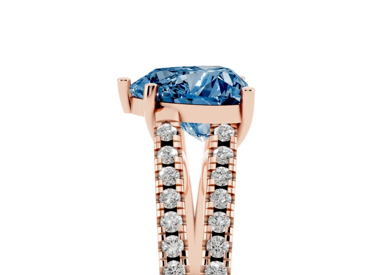Fancy Blue Heart Cut Diamond Solitaire Engagement Ring with Split Shank Pavé Band Rose gold