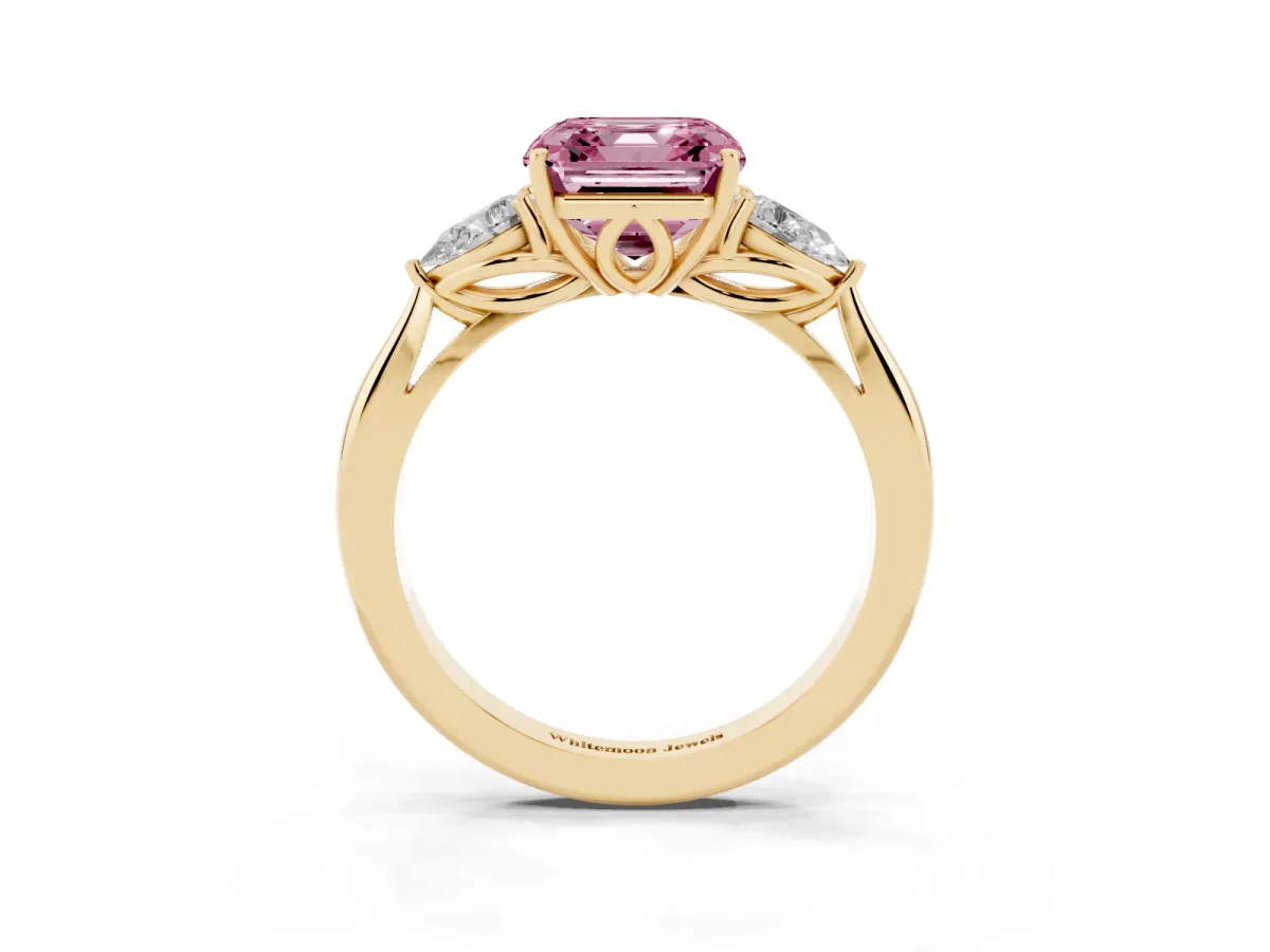 Fancy Pink Three-Stone Asscher Cut Brilliant Diamond Solitaire Ring with Tapered Band and Four-Prong Setting Yellow gold