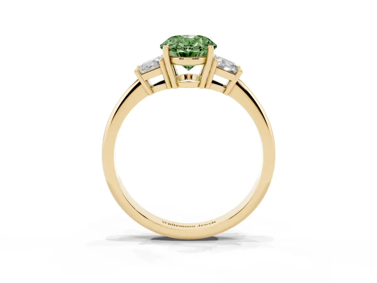 Fancy Green Oval Cut Diamond Three-Stone Ring with Trapezoid Side Stones and Prong Setting Yellow gold