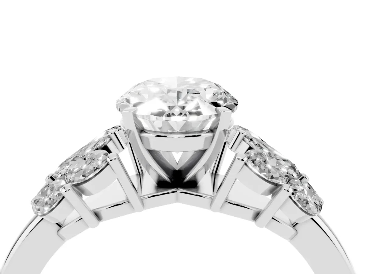 Oval Cut Diamond Cluster Leaf Design Ring with Prong Setting Platinum