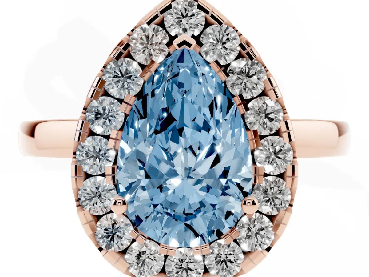 Fancy Blue Pear Cut Halo Diamond Solitaire with Pavé Band and Four-Prong Setting Rose gold