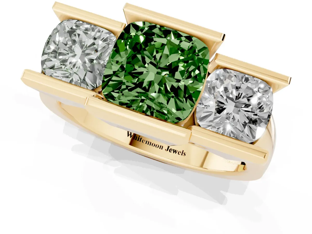 Fancy Green Three Stone Cushion Cut Cut Channel Set Diamond Ring Yellow gold