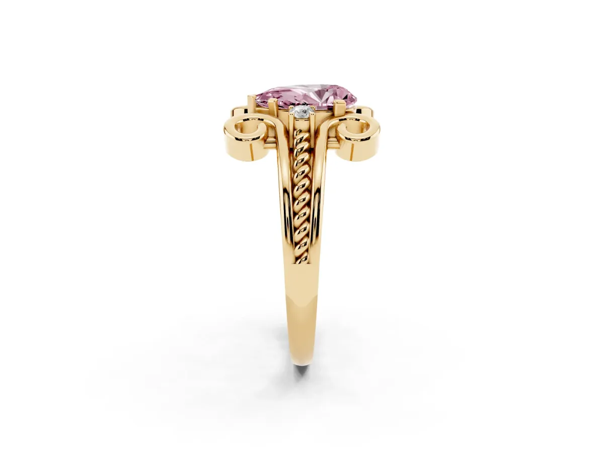 Fancy Pink Pear Cut Solitaire Twisted Band Scroll Prong Ring Yellow gold