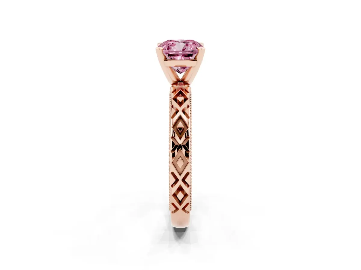 Fancy Pink Cushion Cut Solitaire Diamond Ring with Milgrain and Black Enamel X Pattern Band Rose gold