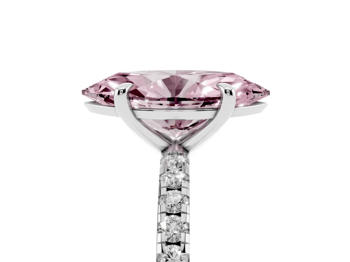 Fancy Pink Marquise Cut Diamond Brilliant Solitaire Ring with Pavé Band and Four-Prong Setting Platinum