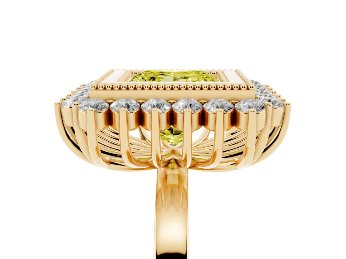 Fancy Yellow Princess Cut Halo Diamond Ring with Milgrain Edge and Round Prong Setting Yellow gold