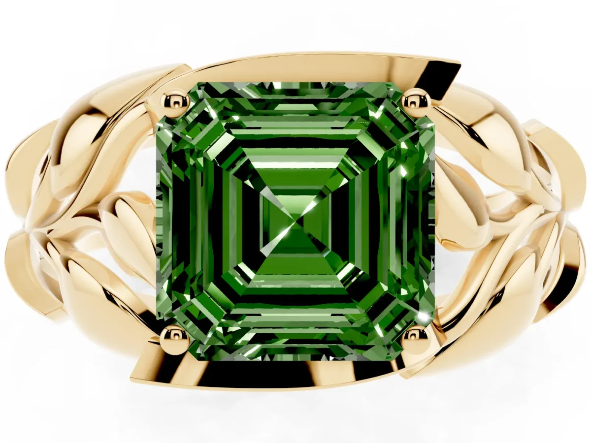 Fancy Green Asscher Cut Diamond Leaf-Inspired Engagement Ring with Round Accents and Prong Setting Yellow gold