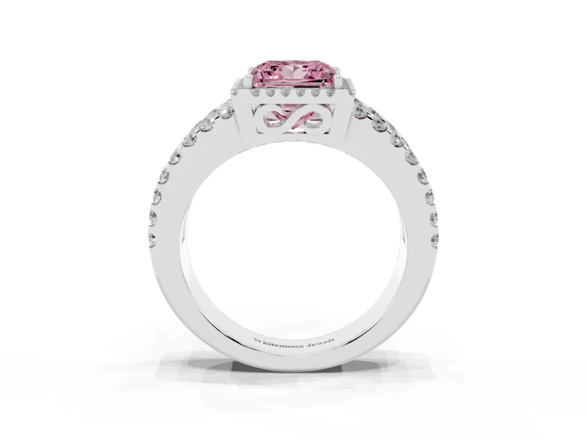 Fancy Pink Princess Cut Cut Halo Split Shank Diamond Ring with Four-Prong Setting Platinum