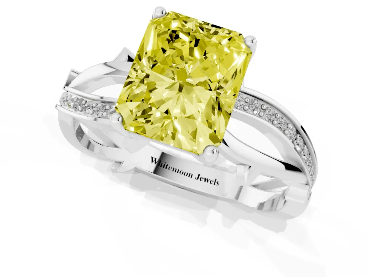 Fancy Yellow Radiant Cut Solitaire Twist Band with Pavé Accents and Four-Prong Setting White gold