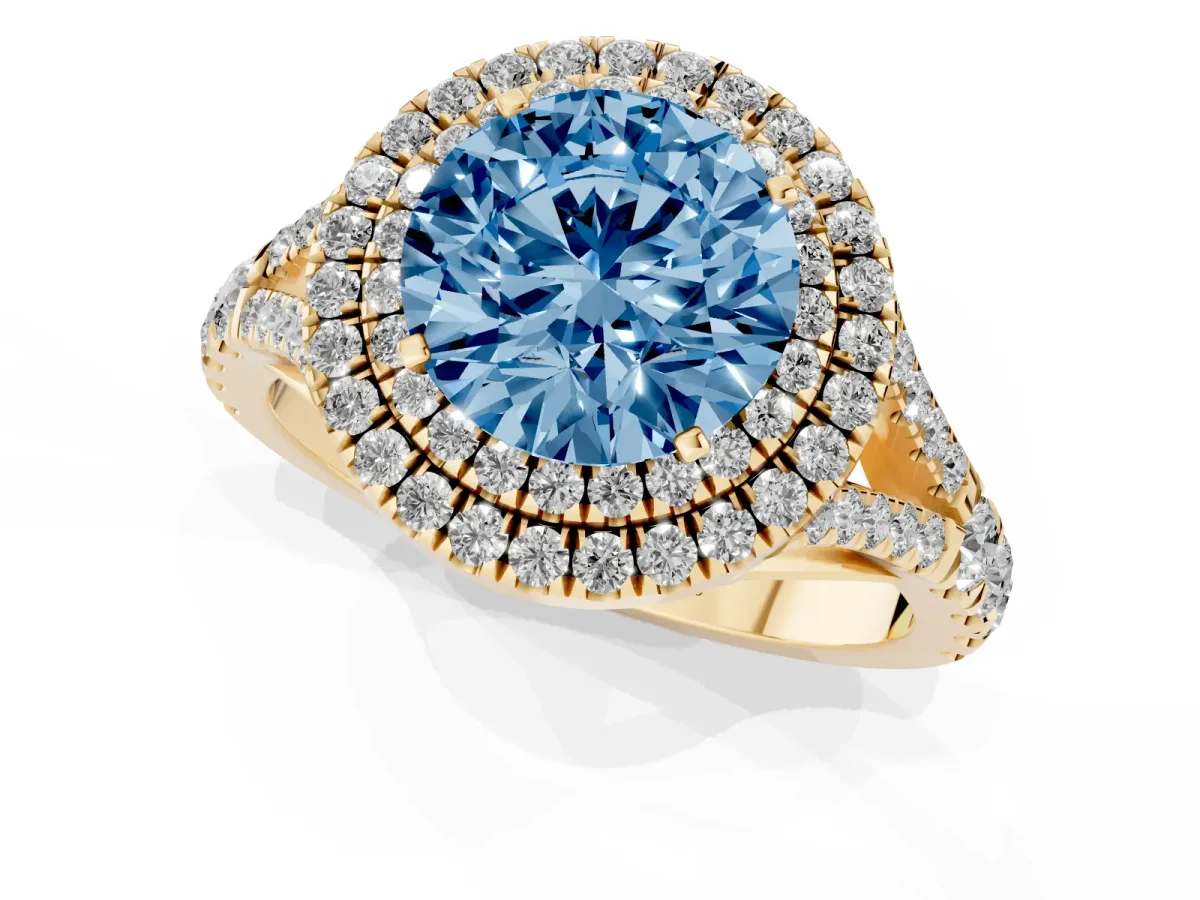 Fancy Blue Round Cut Diamond Double Halo Ring with Split Shank and Prong Setting Yellow gold
