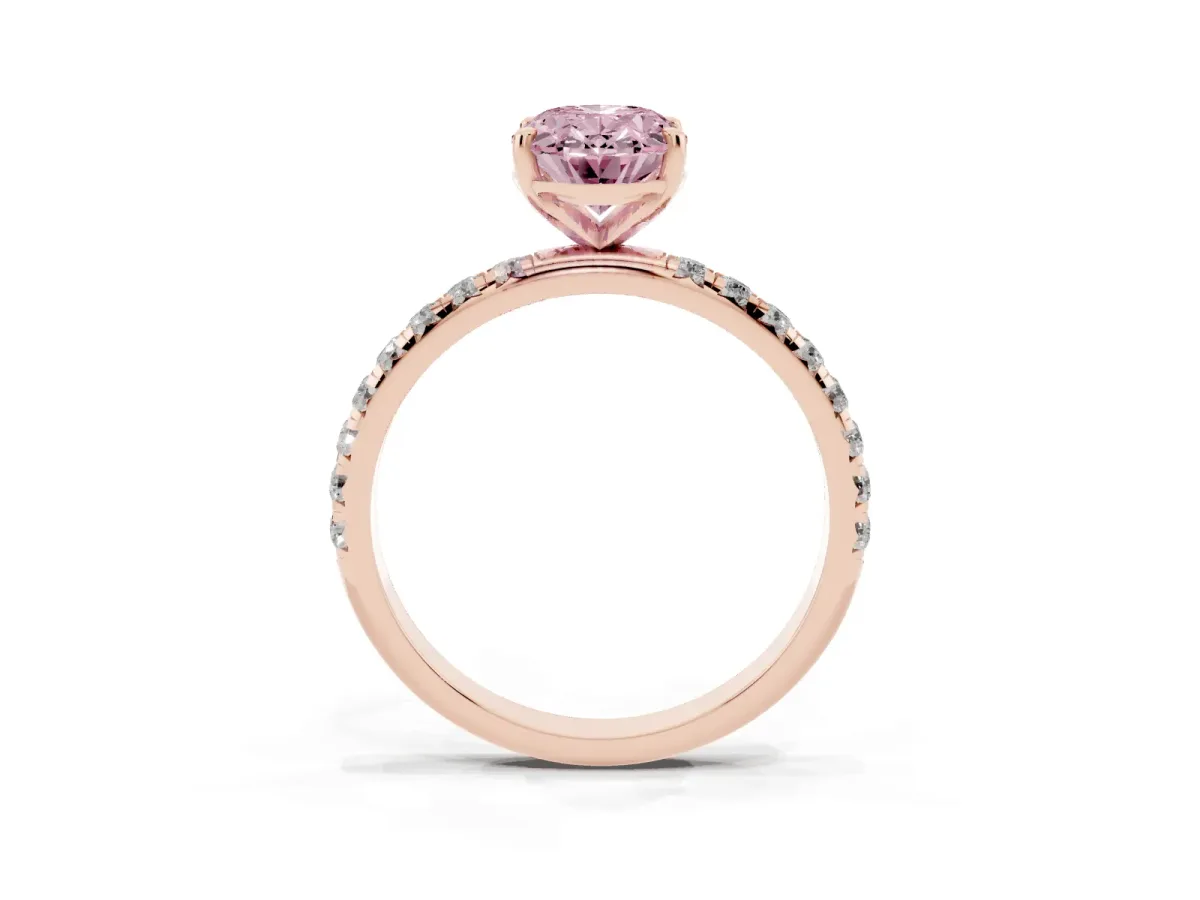 Fancy Pink Oval Cut Cut Diamond Solitaire Ring with Micro Pave Band and Four Prong Setting Rose gold