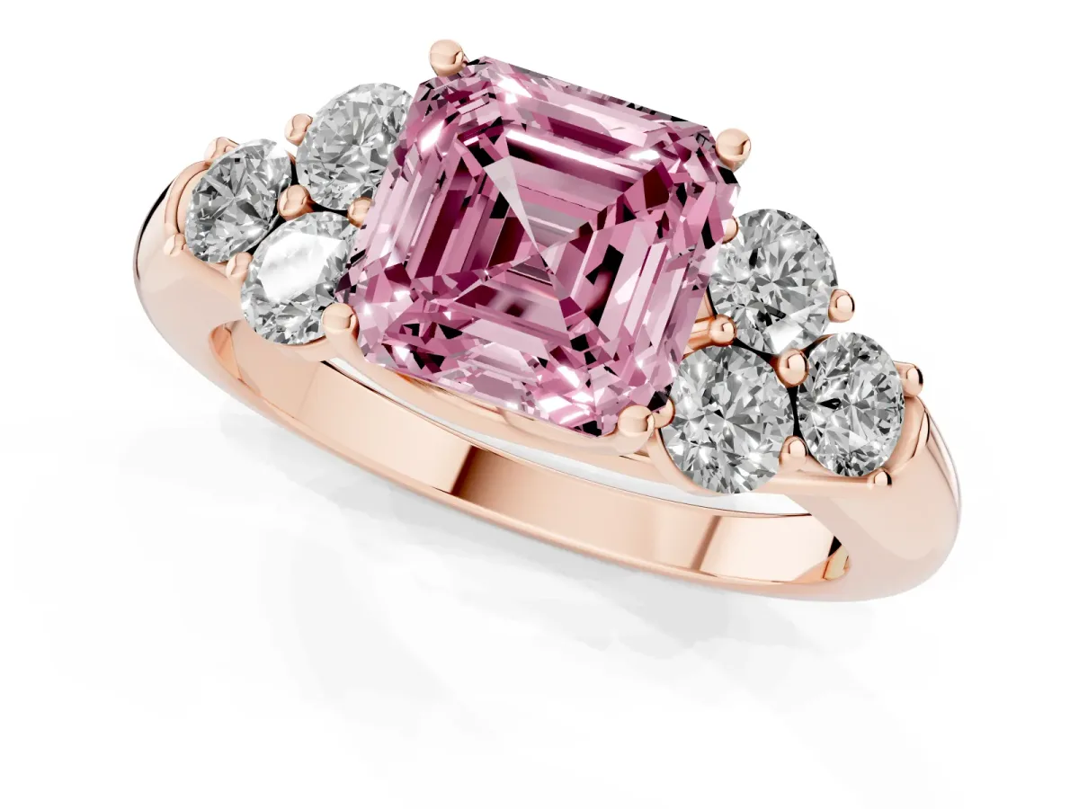 Fancy Pink Asscher Cut Cut Diamond Cluster Ring with Round Accent Stones and Prong Setting on a Classic Band Rose gold