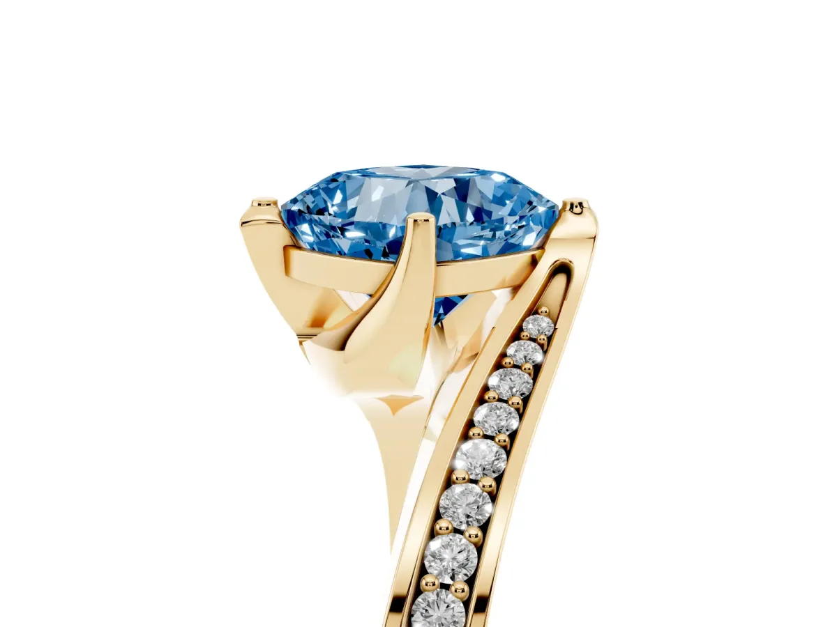Fancy Blue Cushion Cut Solitaire Diamond Twist Band with Pavé Setting and Four-Prong Setting Yellow gold