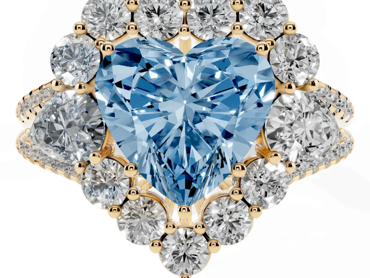 Fancy Blue Heart Cut Halo Split Shank Diamond Engagement Ring with Prong Setting Yellow gold
