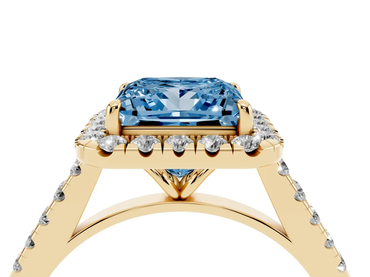 Fancy Blue Princess Cut Halo Pave Diamond Engagement Ring with Four-Prong Setting Yellow gold