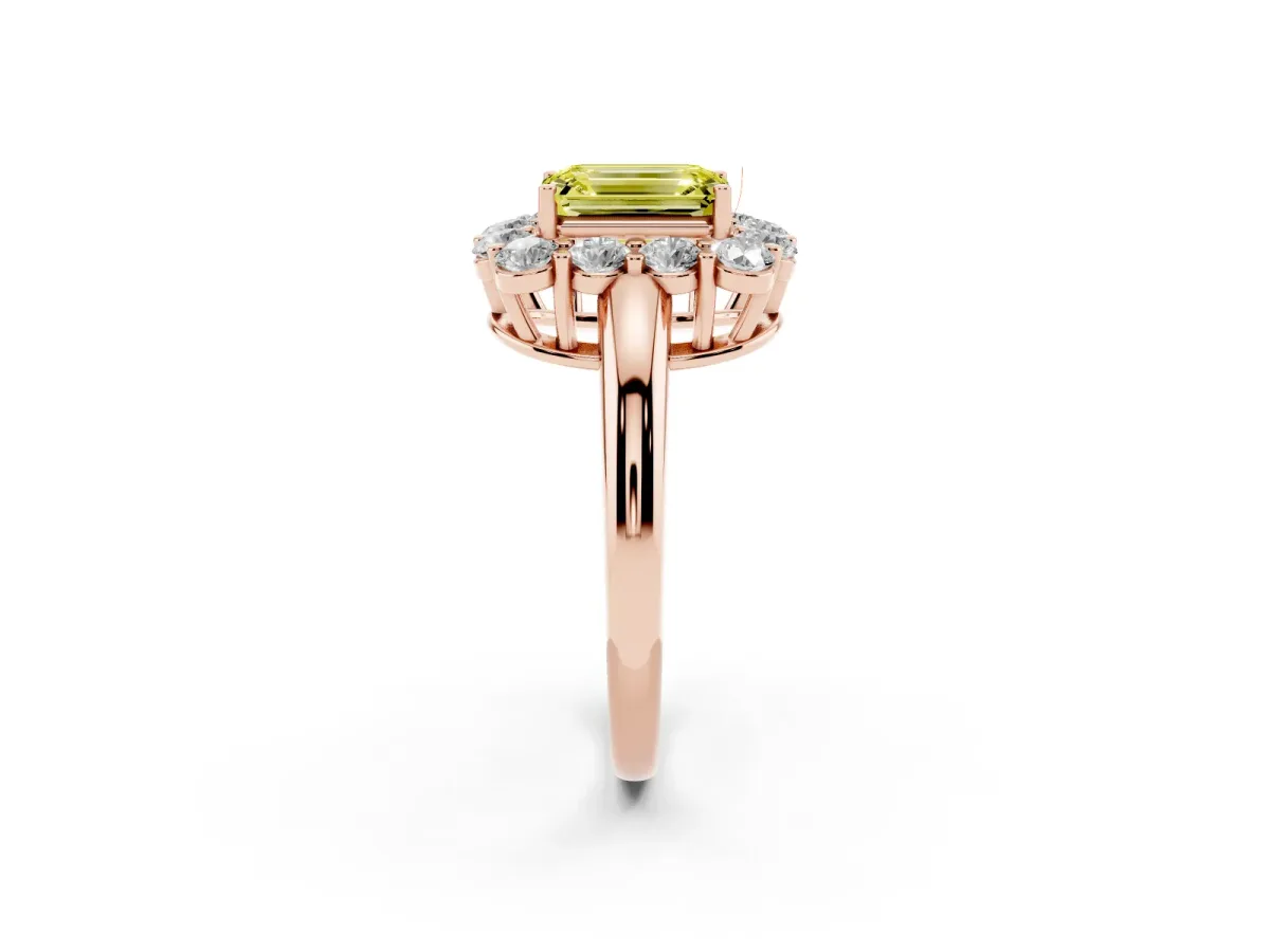 Fancy Yellow Emerald Cut Halo Cluster Diamond Engagement Ring with Prong Setting and Polished Band Rose gold