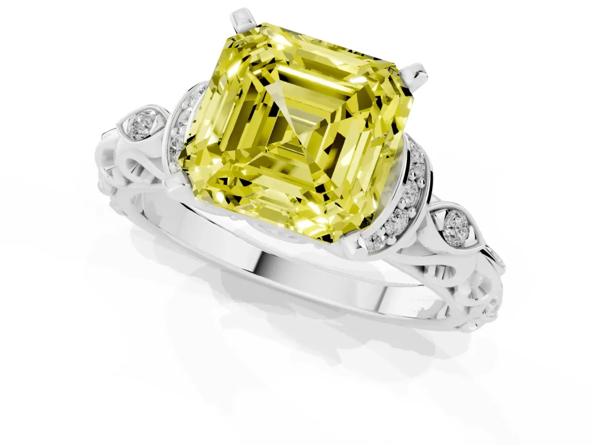 Fancy Yellow Asscher Cut Diamond Solitaire Ring with Filigree Band and Four-Prong Setting Silver