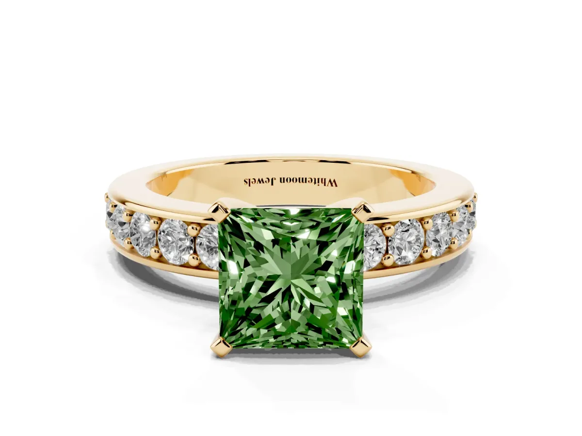 Fancy Green Princess Cut Diamond Engagement Ring with Channel Set Round Band and Prong Setting Yellow gold
