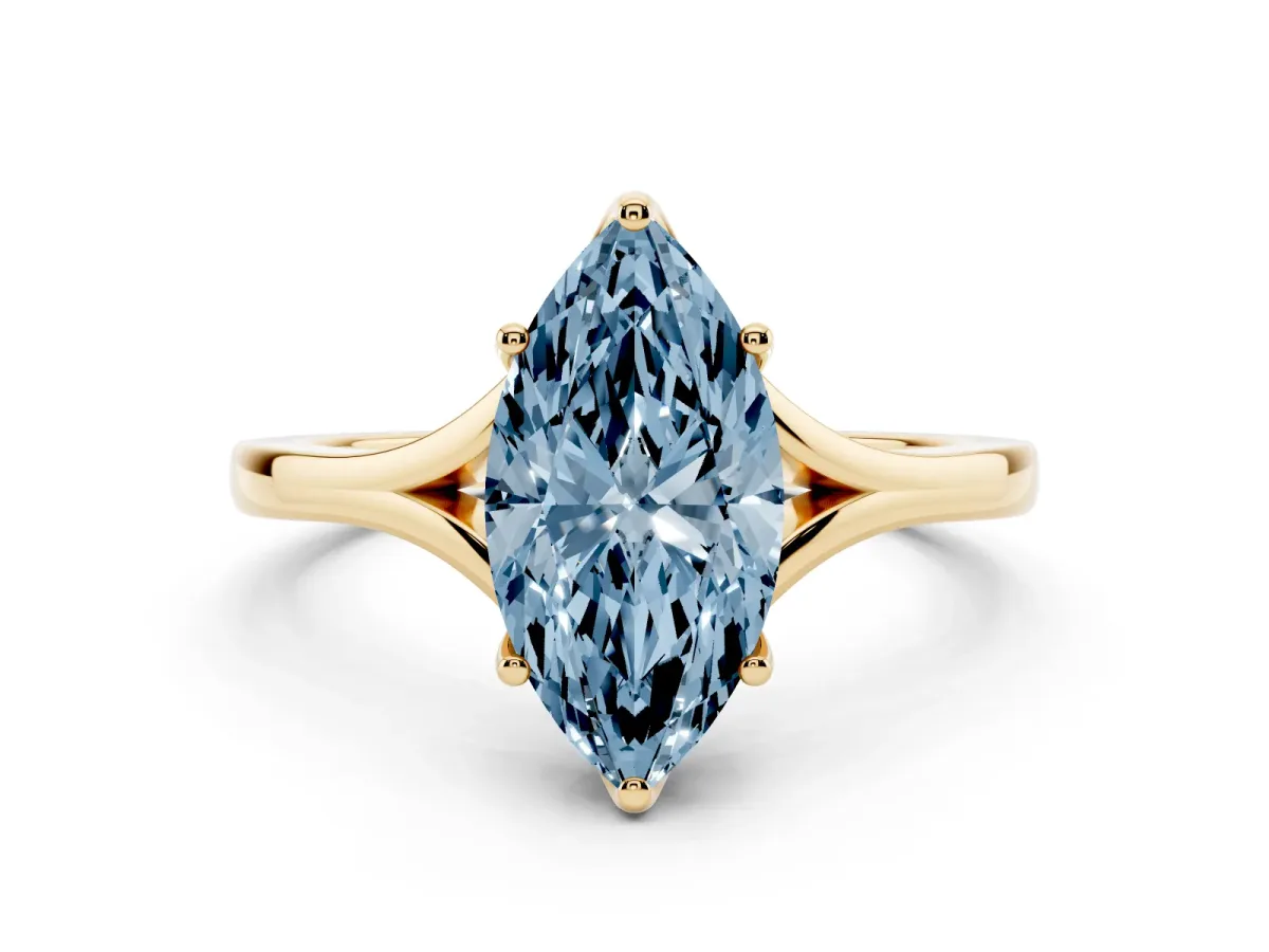 Fancy Blue Marquise Cut Solitaire Diamond Ring with Six-Prong Setting and Tapered Band Yellow gold