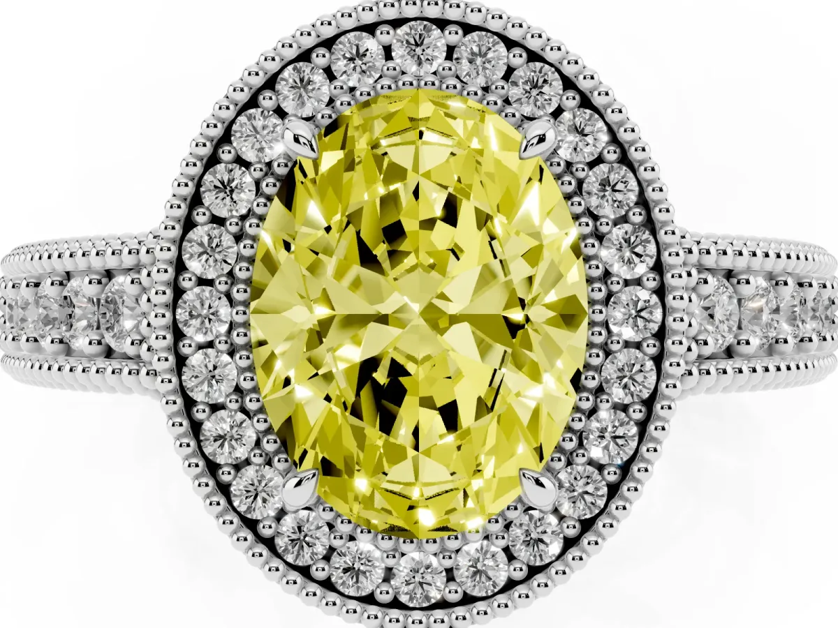 Fancy Yellow Oval Cut Cut Halo Diamond Ring with Pavé Band and Four-Prong Setting White gold