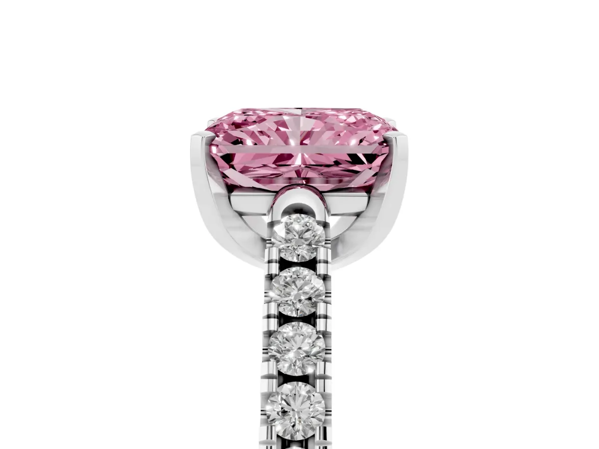 Fancy Pink Radiant Cut Diamond Pavé Band Solitaire Ring with Prong Setting Silver
