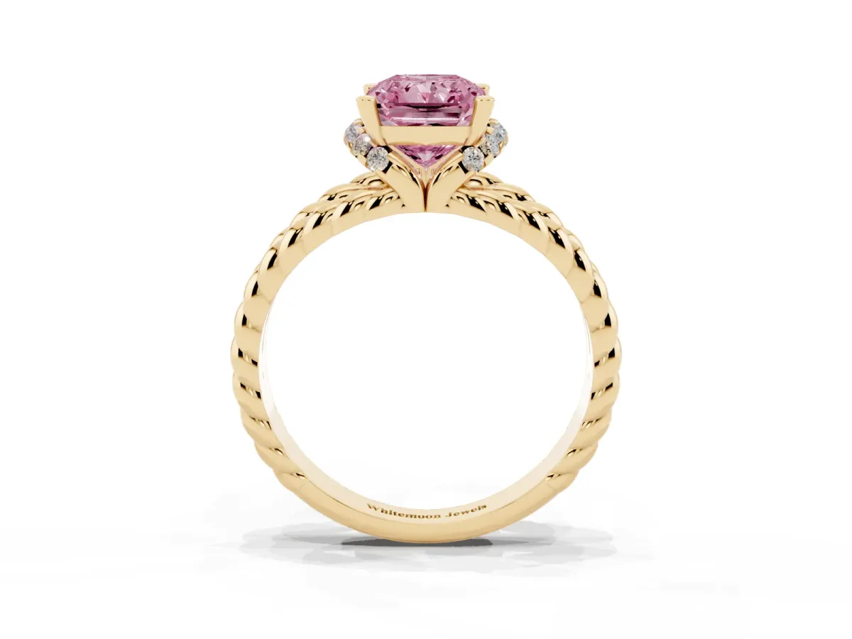 Fancy Pink Radiant Cut Halo Twisted Band Four-Prong Ring Yellow gold