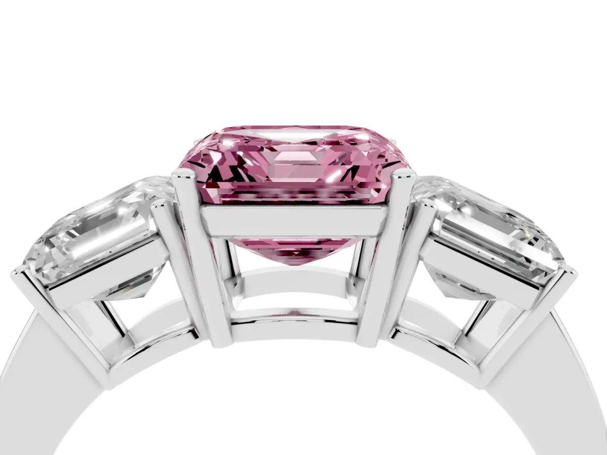 Fancy Pink Three-Stone Asscher Cut Cut Diamond Engagement Ring with Flat Band and Four-Prong Setting Silver