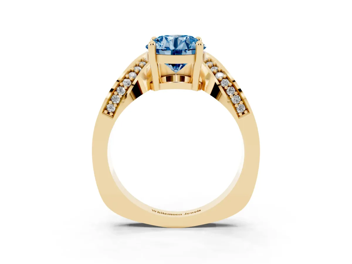 Fancy Blue Round Cut Solitaire Diamond Engagement Ring with Pave Band and Four-Prong Setting Yellow gold