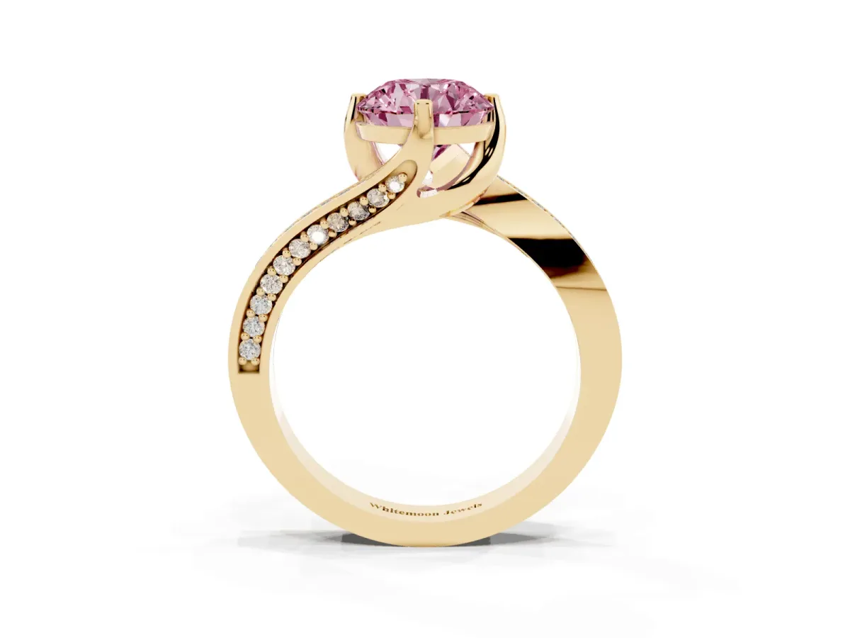 Fancy Pink Round Cut Solitaire Diamond Twist Band with Pavé Setting and Four-Prong Setting Yellow gold