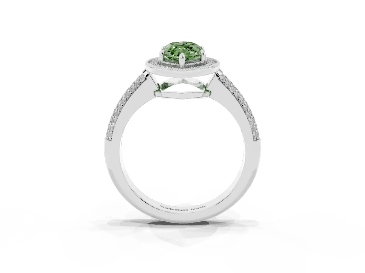 Fancy Green Marquise Cut Cut Halo Diamond Pave Band with Four-Prong Setting Silver