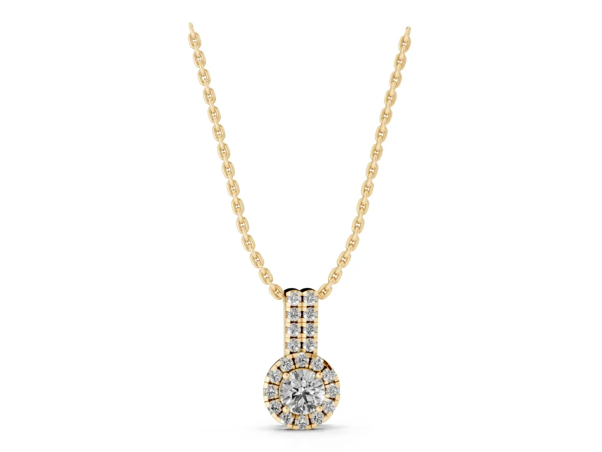 Round Halo Diamond Pendant with Double Prong Setting Yellow gold