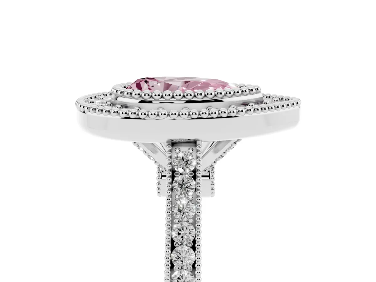 Fancy Pink Pear Cut Diamond Halo Ring with Milgrain Frame and Pavé Band Platinum