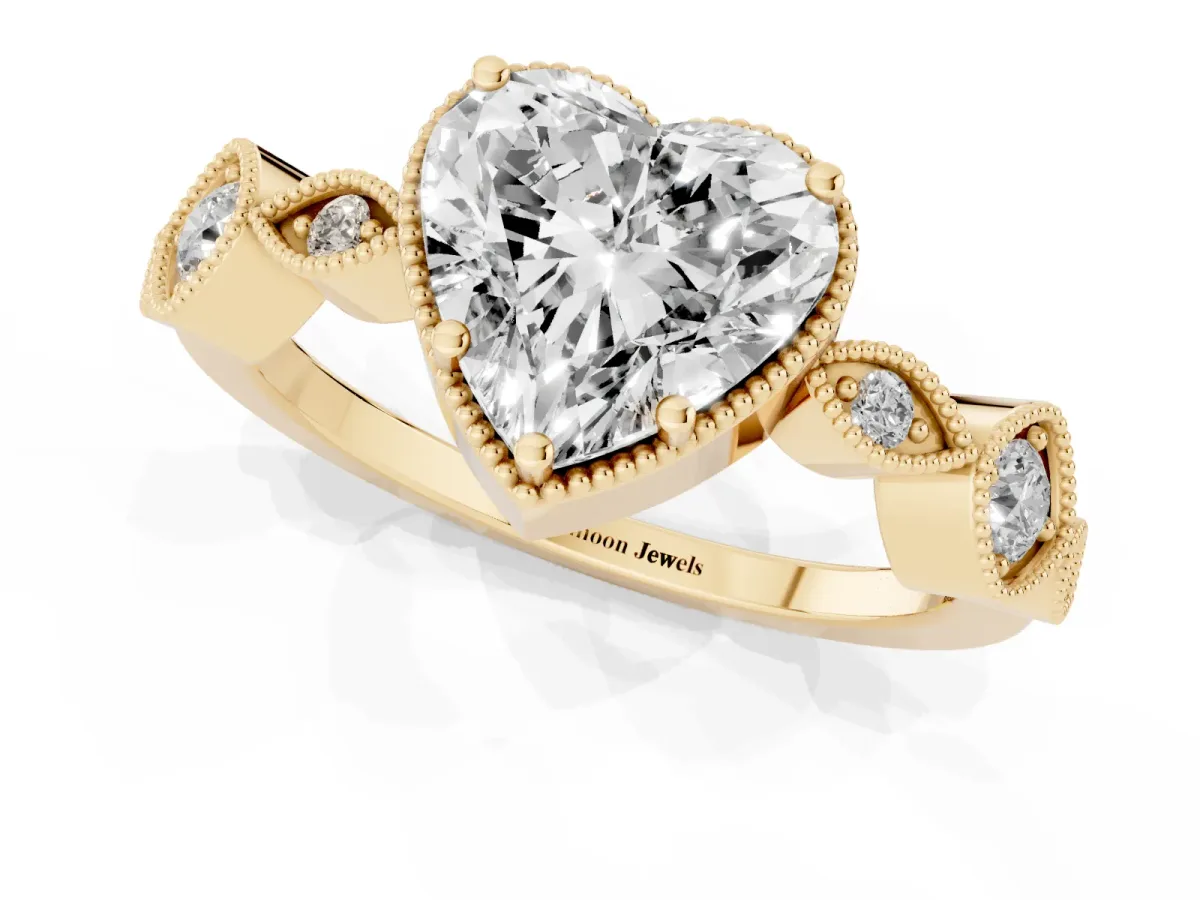 Heart Cut Diamond Vintage Milgrain Ring with Round Stations Yellow gold