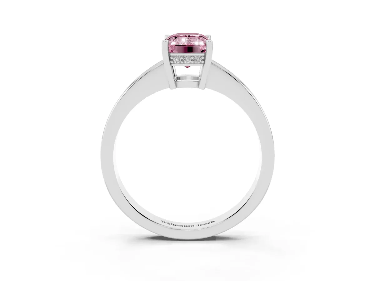 Fancy Pink Emerald Cut Solitaire Pavé Band Prong Setting Ring Silver
