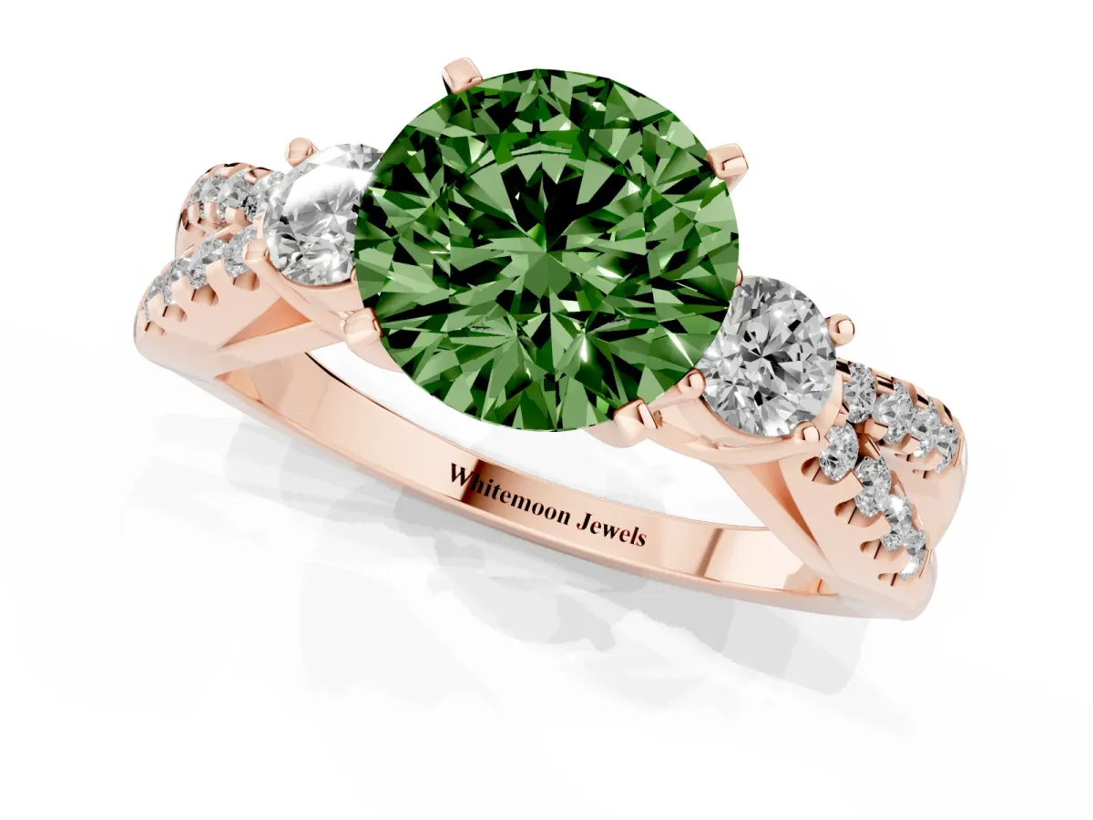 Fancy Green Round Cut Diamond Three-Stone Ring with Pavé Split Shank and Four-Prong Setting Rose gold