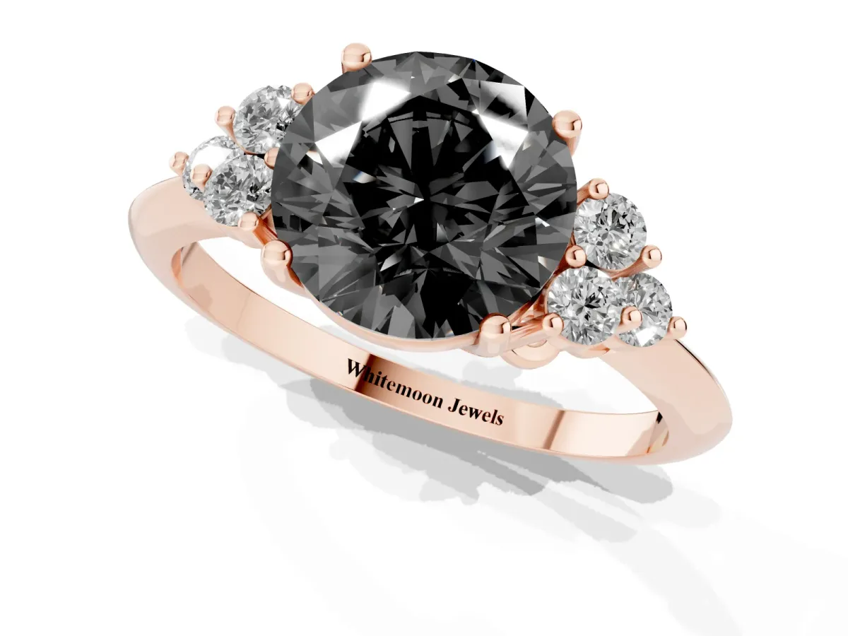 Fancy Black Round Cut Cut Diamond Cluster Ring with Solitaire Band and Four-Prong Setting Rose gold