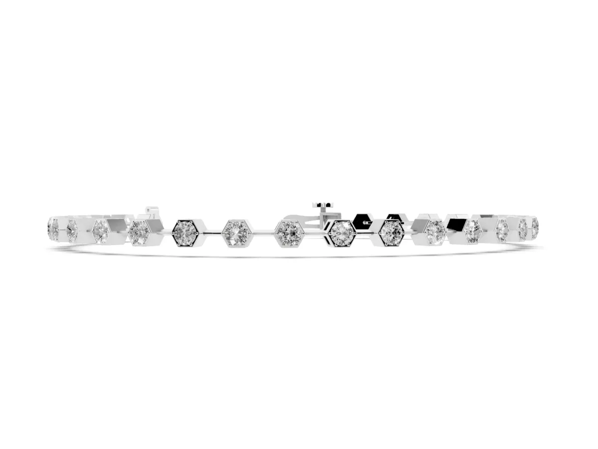 Hexagon Bezel Round Diamond Tennis Bracelet Silver