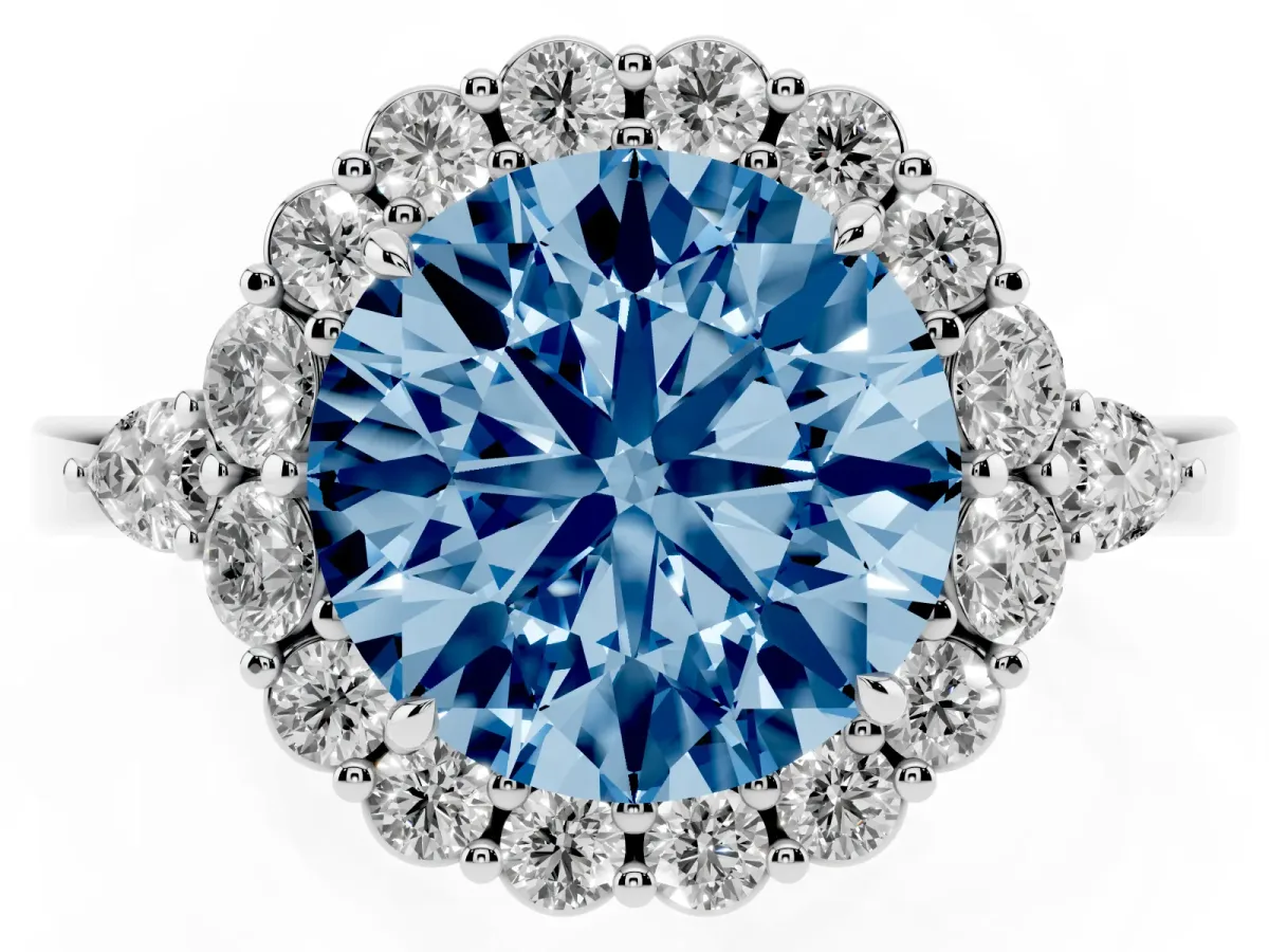Fancy Blue Round Cut Diamond Halo Ring with Pear Side Stones and Prong Setting Silver