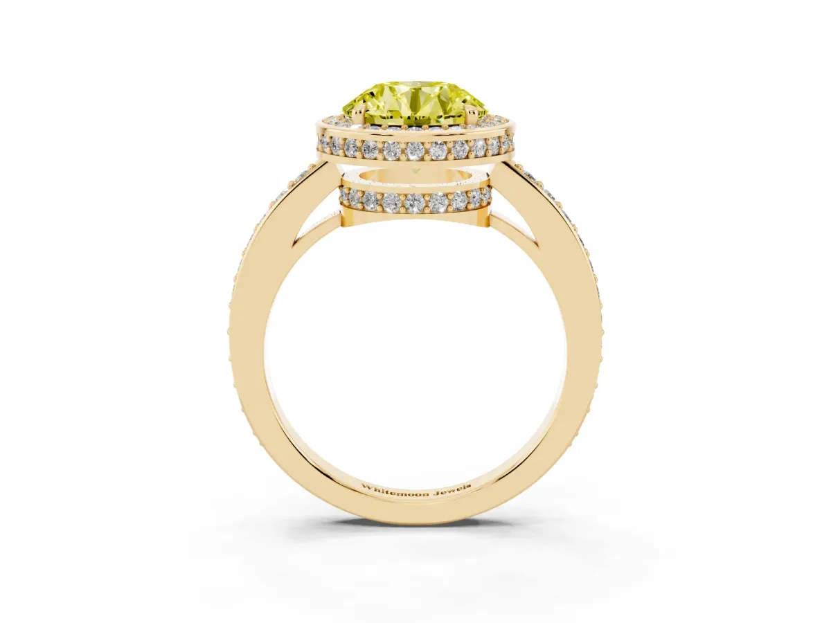 Fancy Yellow Round Cut Halo Pave Band Solitaire Ring with Prong Setting Yellow gold