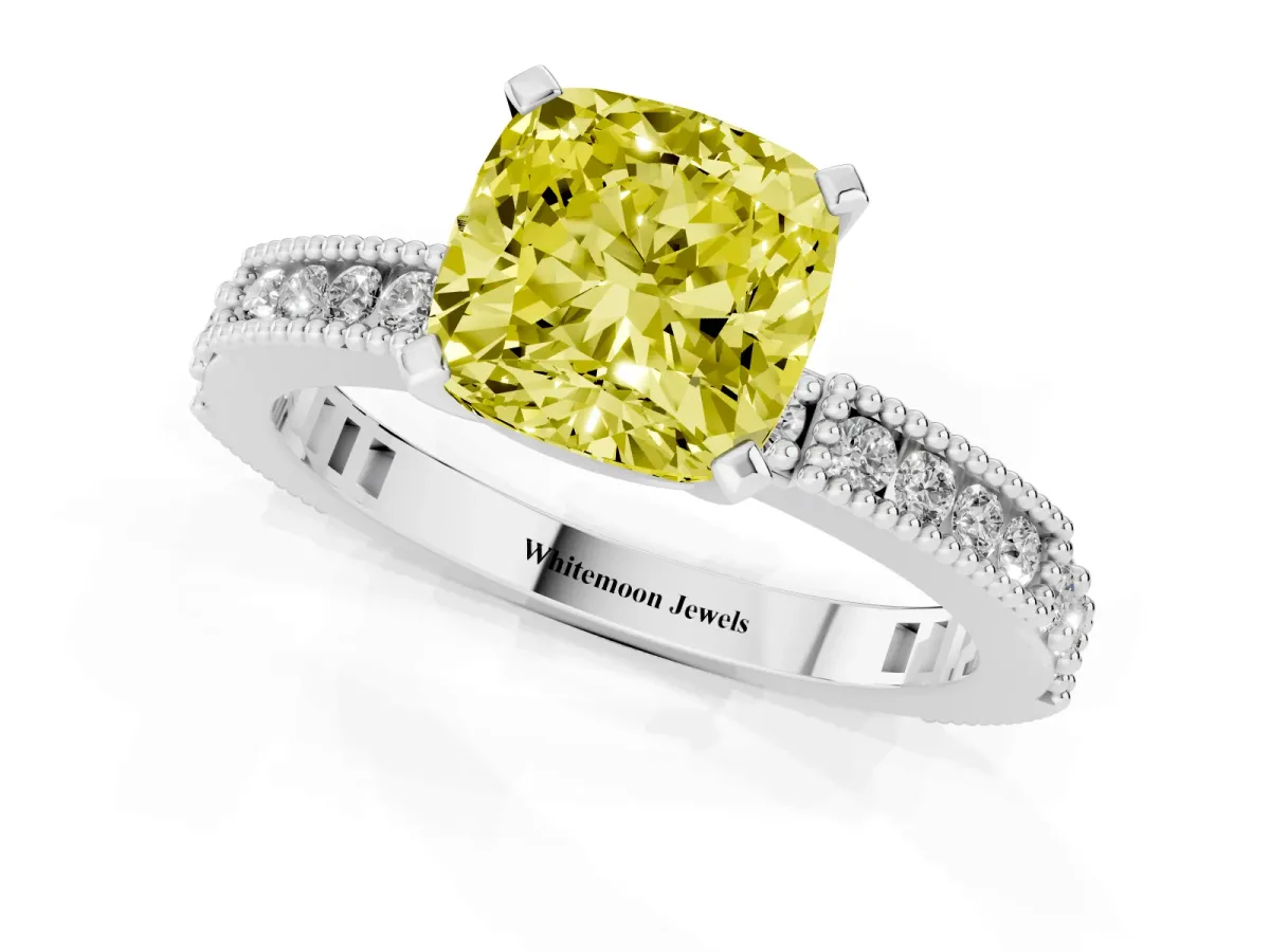 Fancy Yellow Cushion Cut Solitaire with Pavé Band and Four-Prong Setting Silver