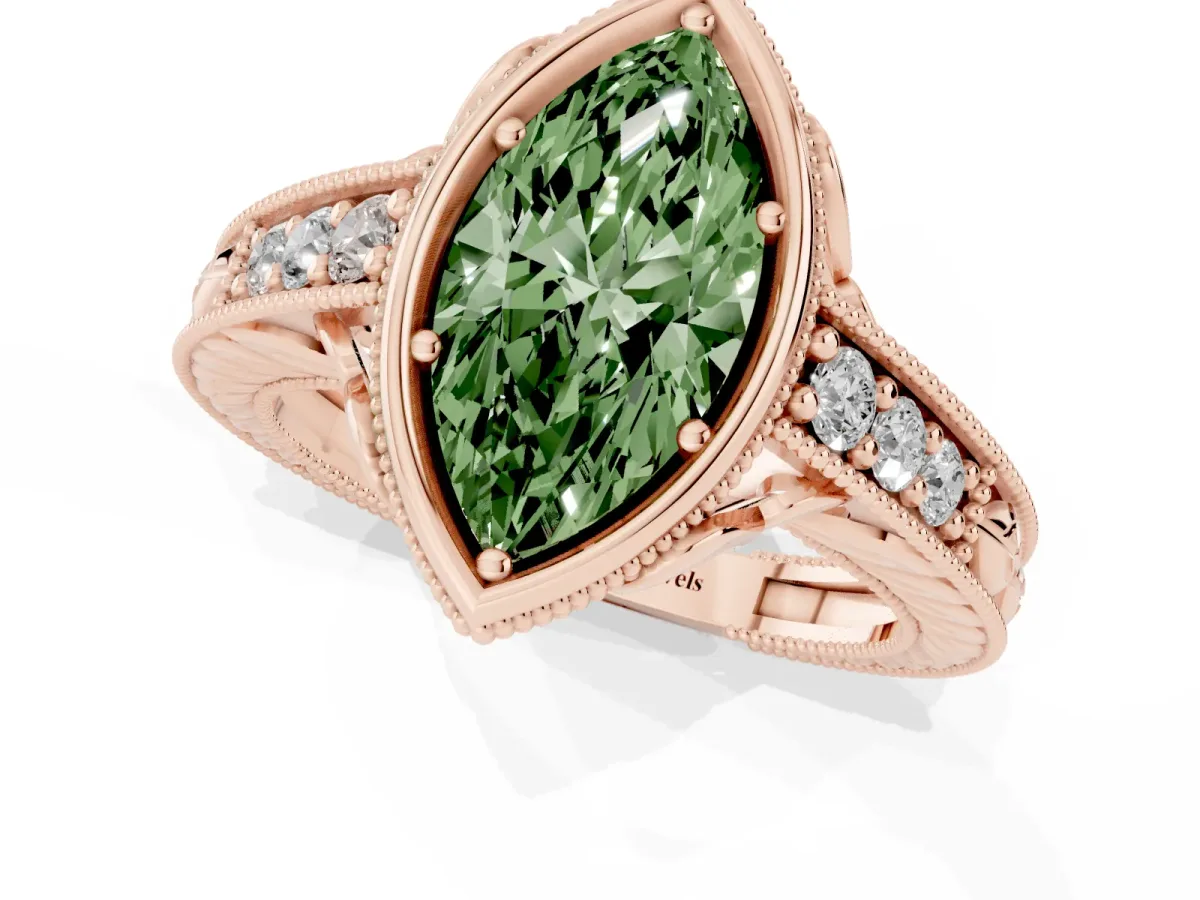 Fancy Green Bezel Set Marquise Cut Diamond Milgrain Pave Engagement Ring Rose gold