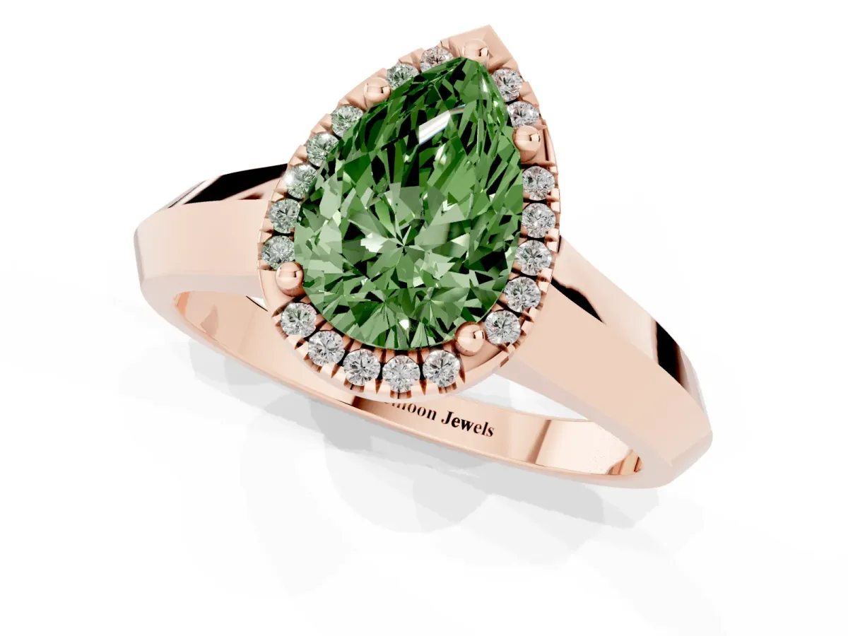 Fancy Green Pear Cut Halo Diamond Ring with Cathedral Band and Four-Prong Setting Rose gold