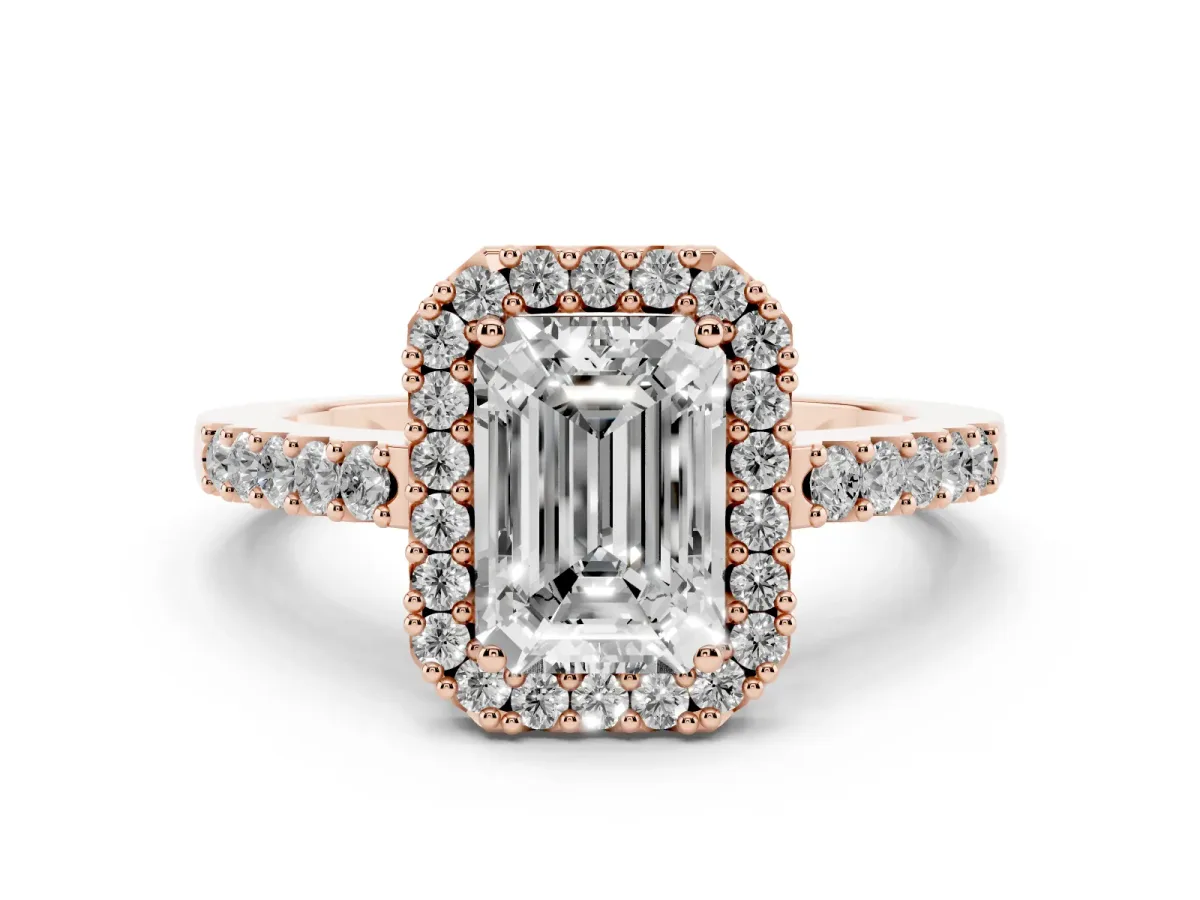 Emerald Cut Halo Diamond Pavé Solitaire Ring Rose gold