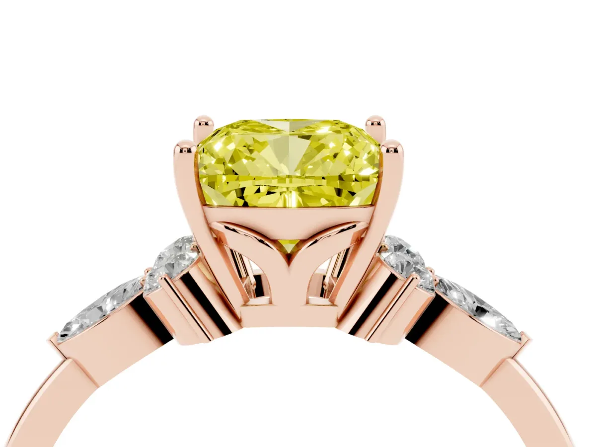Fancy Yellow Cushion Cut Brilliant Diamond Solitaire Ring with Pear Side Stones and Four-Prong Setting Rose gold