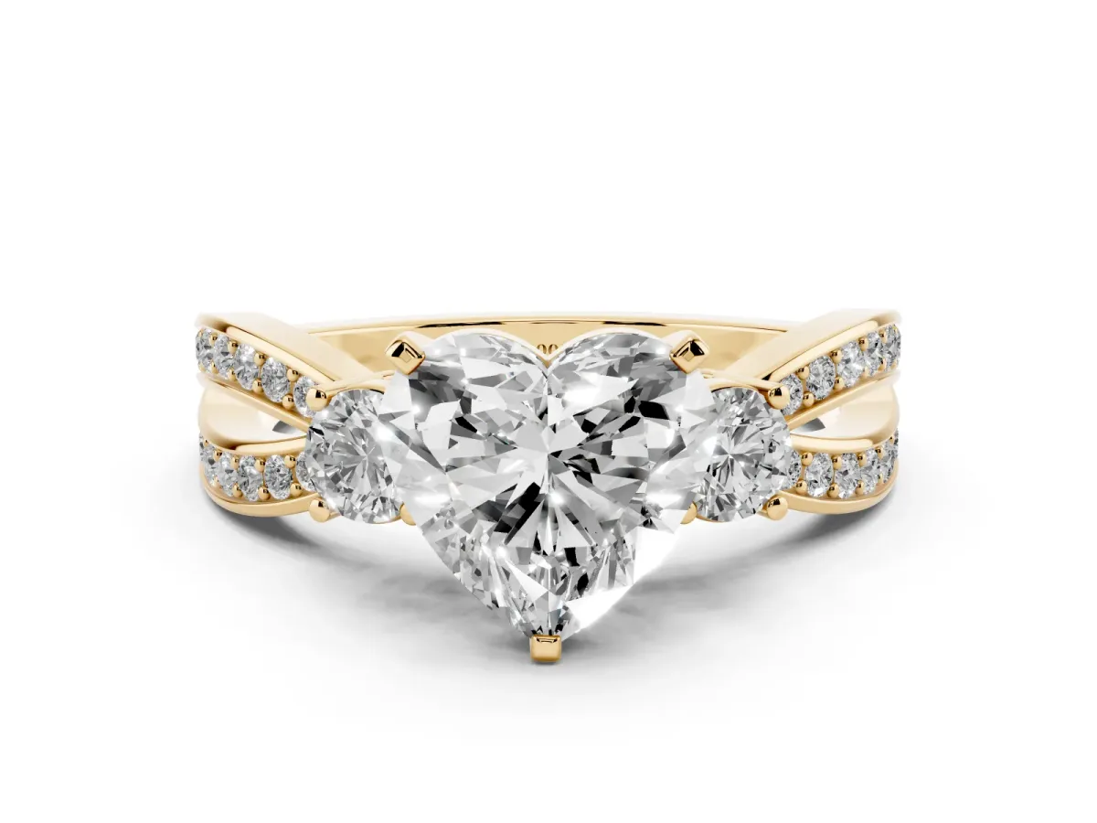 Three-Stone Heart Cut Cut Diamond Twist Band with Prong Setting Yellow gold