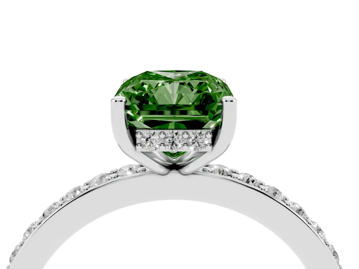 Fancy Green Radiant Cut Cut Diamond Pavé Band Ring with Four-Prong Setting Silver