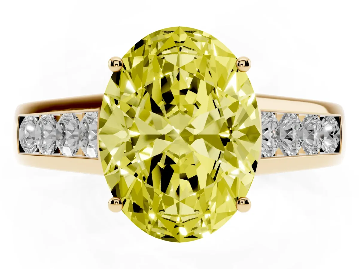 Fancy Yellow Oval Cut Brilliant Channel-Set Solitaire Ring with Four-Prong Setting Yellow gold